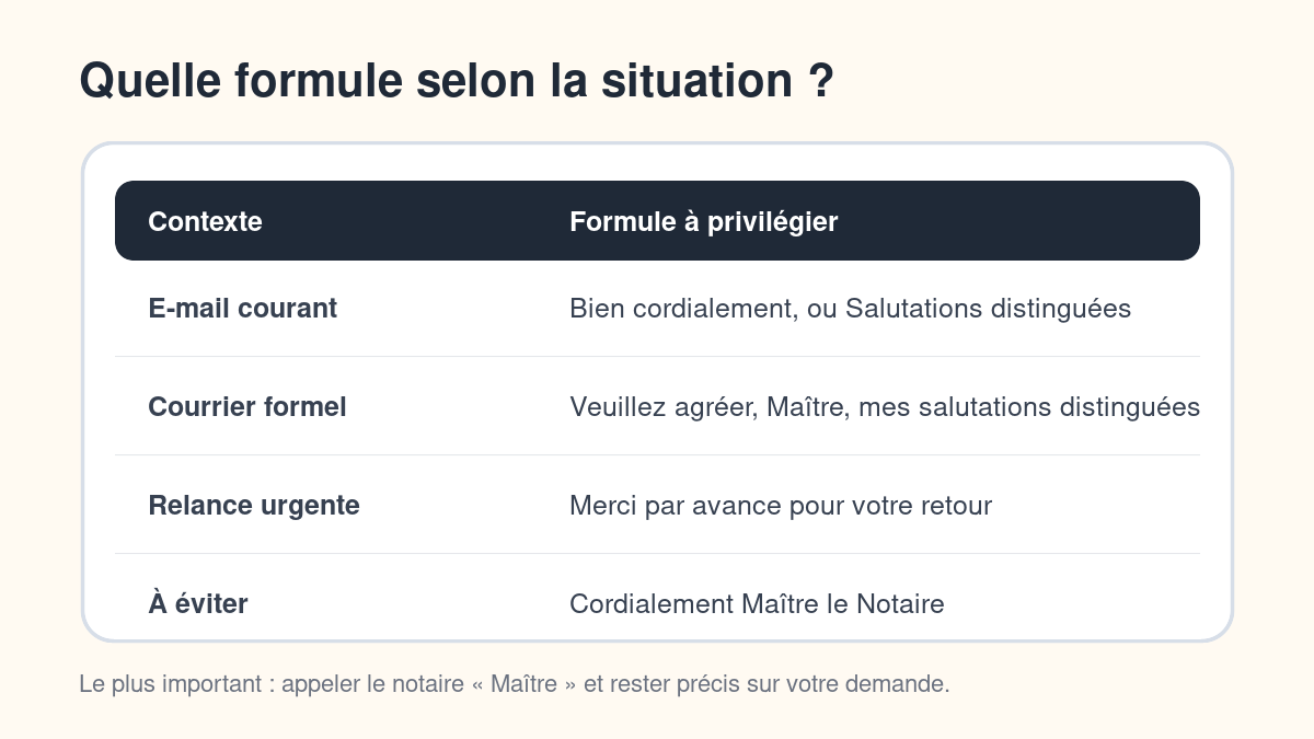 Tableau des formules de politesse à utiliser avec un notaire
